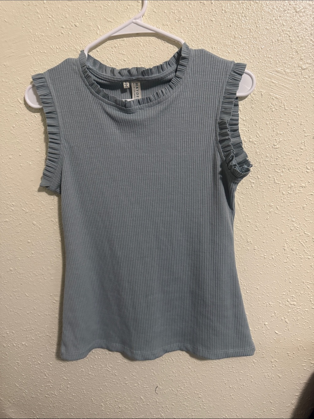 Women’s Ruffle Trim Ribbed Tank Top - Light Blue - Picture 2 of 4